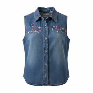 Bill Blass Women Denim Vest Floral Embroidered Cotton Boho Casual Blue XL